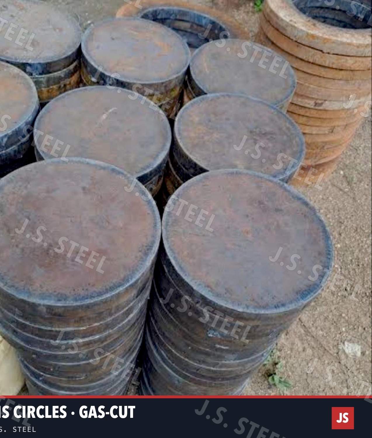 Stacks of gas-cut MS circles at the J.S. STEEL yard, Bhavnagar