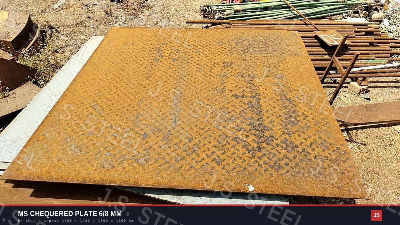 Ex-ship MS chequered (deck) plate, 6/8 mm, sheets about 1200 × 1200 and 1500 × 1500 mm, at the J.S. STEEL yard, Bhavnagar