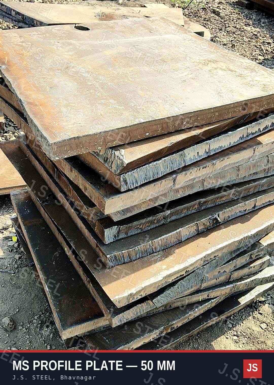 Stack of 50 mm MS profile plates, about 820 × 850 mm, with gas-cut edges, at the J.S. STEEL yard, Bhavnagar
