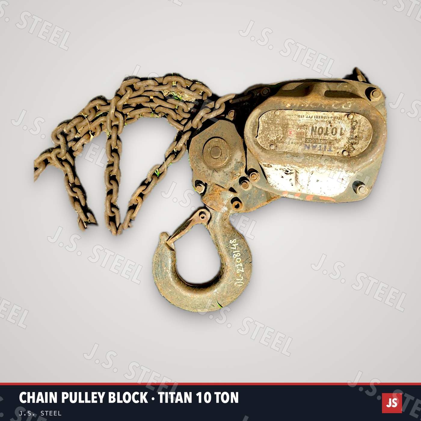 Used ex-ship chain pulley block with load chain and a nameplate marked 10 TON