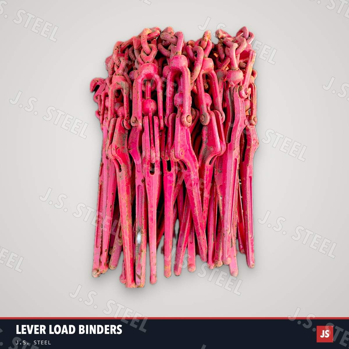Stack of used red lever-type chain load binders