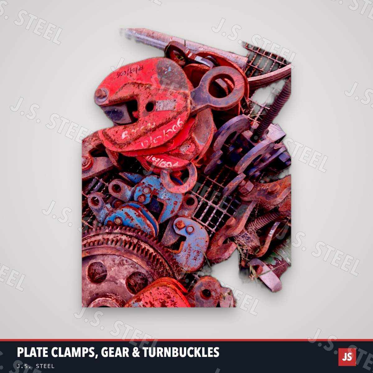 Used plate lifting clamps, a gear wheel and turnbuckles