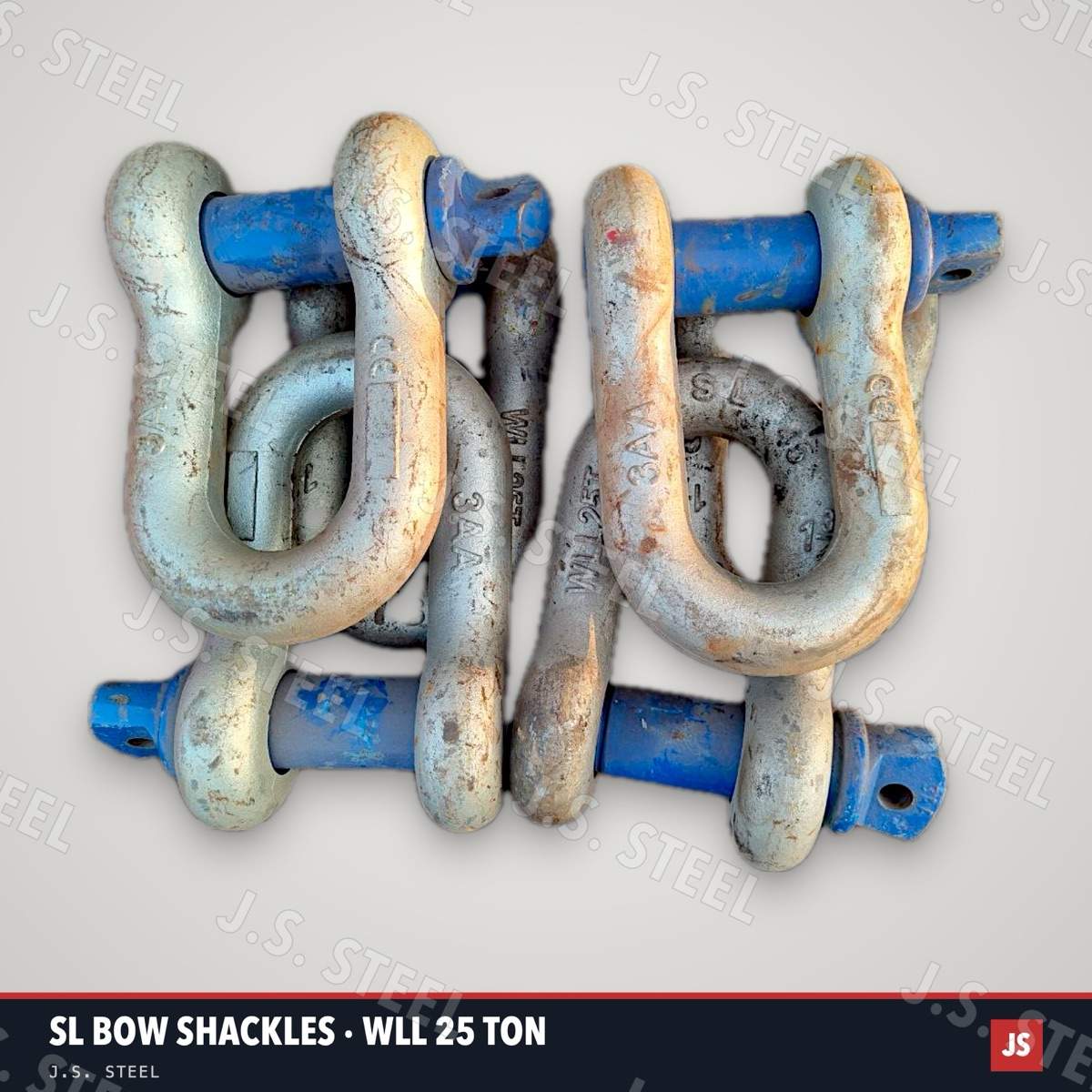 Two used bow shackles with blue bolt-type pins