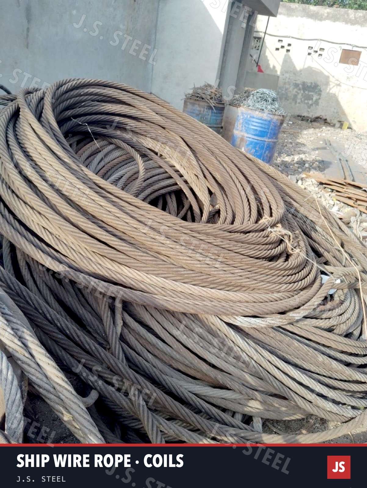 Loose coils of used ex-ship steel wire rope at the J.S. STEEL yard