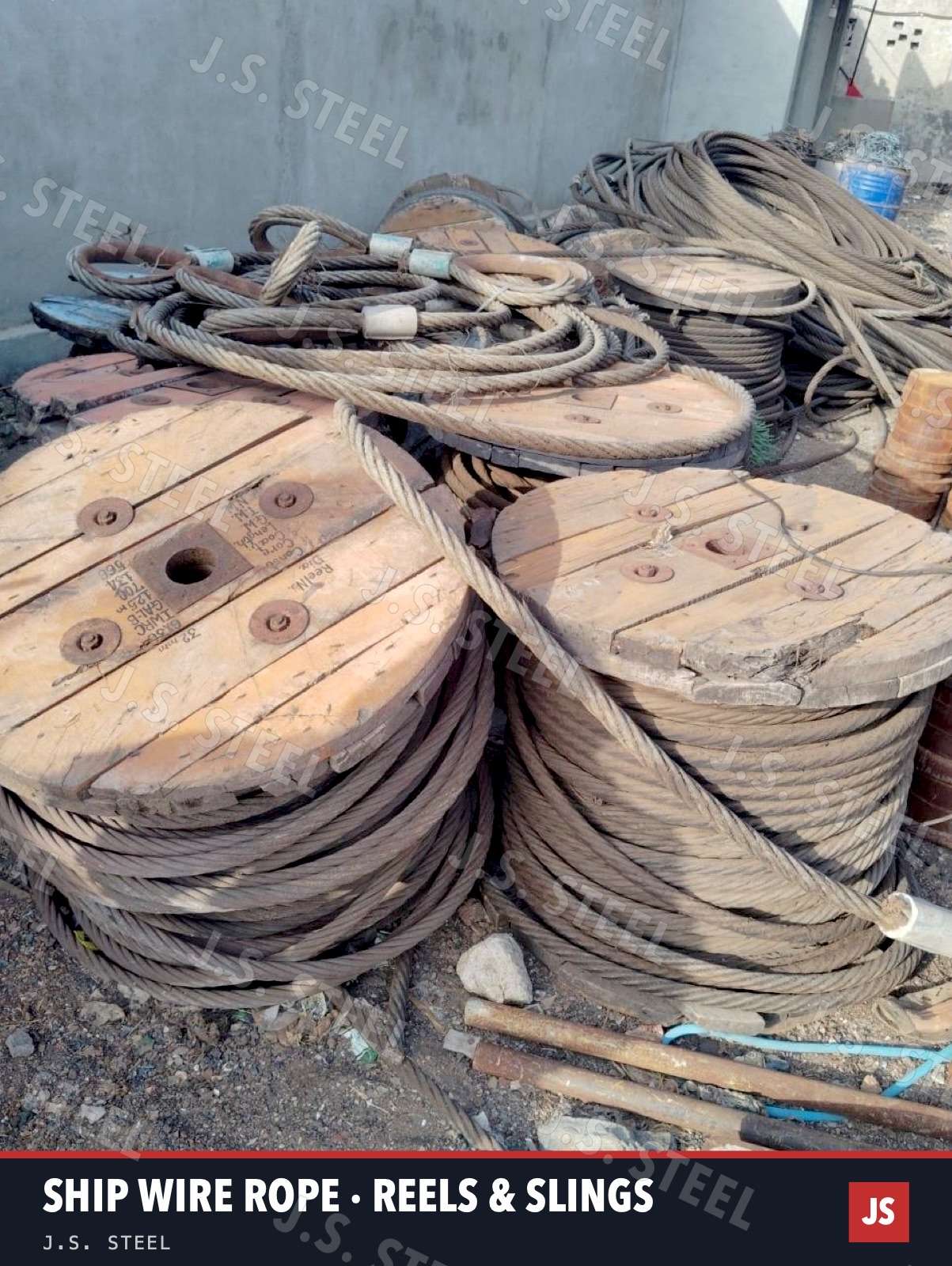 Used ship wire rope on marked reels with ready slings